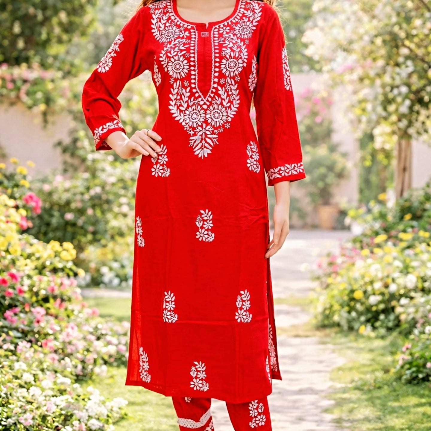Stylish Rayon Afghani Kurti Plazo Set with Chikankari Hand Embroidery
