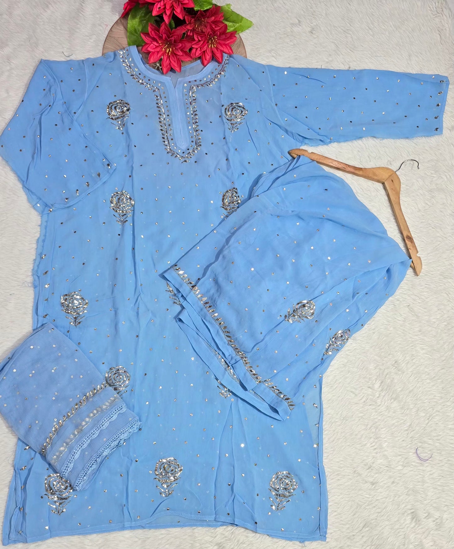 Premium Pure Chiffon Lucknowi Chikankari Kurti Palazzo Dupatta Set with Heavy Mukesh Handwork & Sequins | 3-Piece Ethnic Suit Set for Women