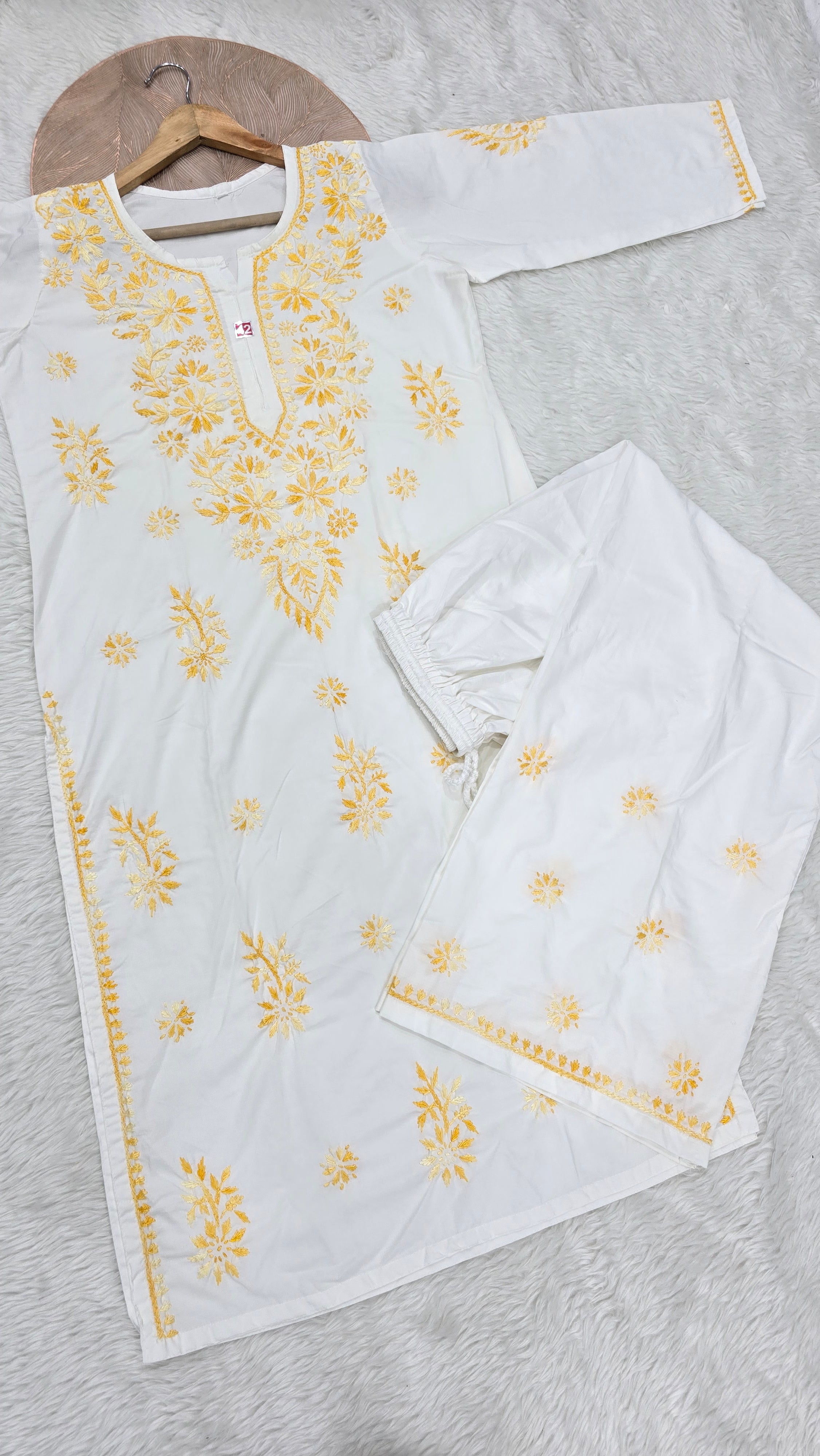 White & Yellow Floral Lucknowi Chikankari Kurta Palazzo Set for Women