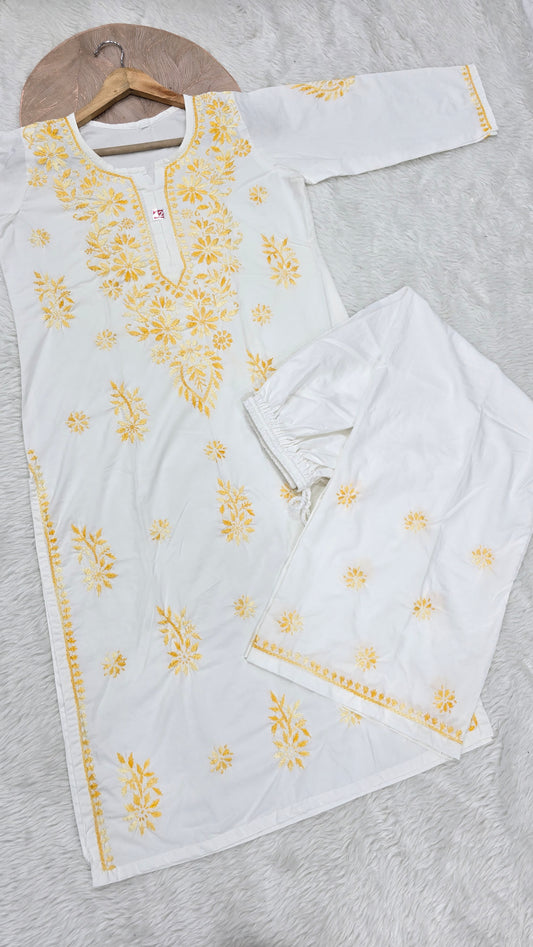 White & Yellow Floral Lucknowi Chikankari Kurta Palazzo Set for Women