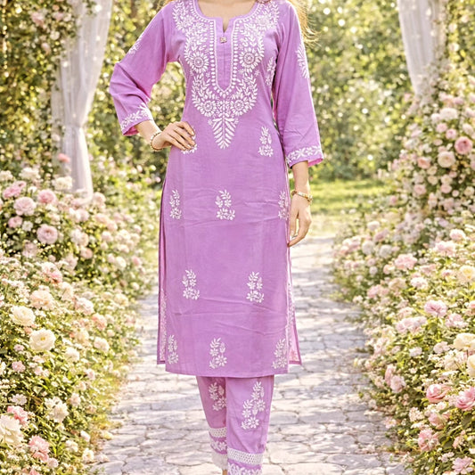 Stylish Rayon Afghani Kurti Plazo Set with Chikankari Hand Embroidery