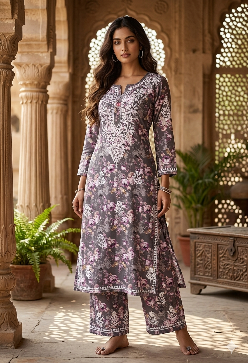 Beautiful Crepe Printed Chikankari Kurti Palazzo Set – Traditional Wear
