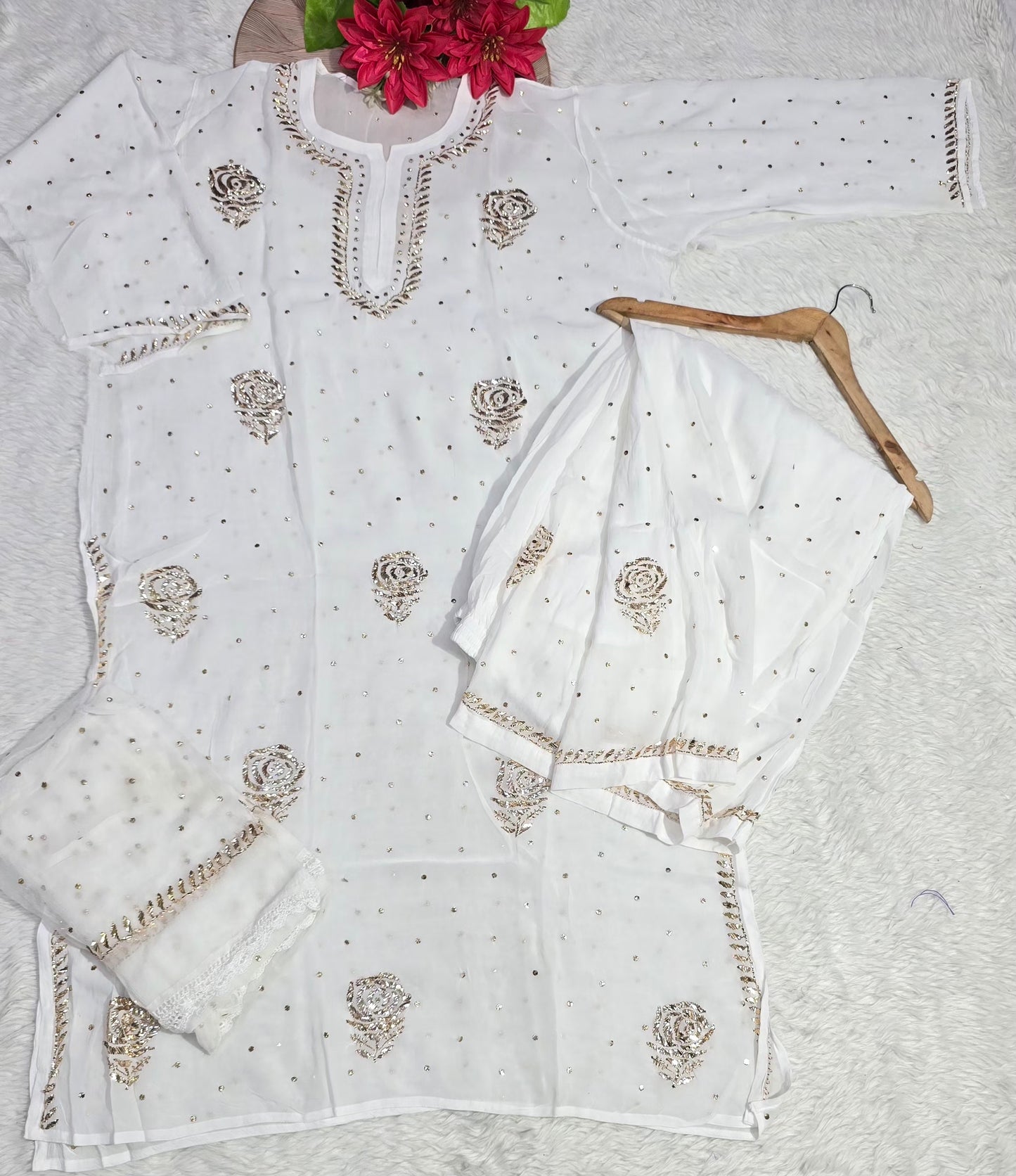 Premium Pure Chiffon Lucknowi Chikankari Kurti Palazzo Dupatta Set with Heavy Mukesh Handwork & Sequins | 3-Piece Ethnic Suit Set for Women