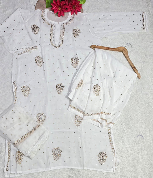 Premium Pure Chiffon Lucknowi Chikankari Kurti Palazzo Dupatta Set with Heavy Mukesh Handwork & Sequins | 3-Piece Ethnic Suit Set for Women