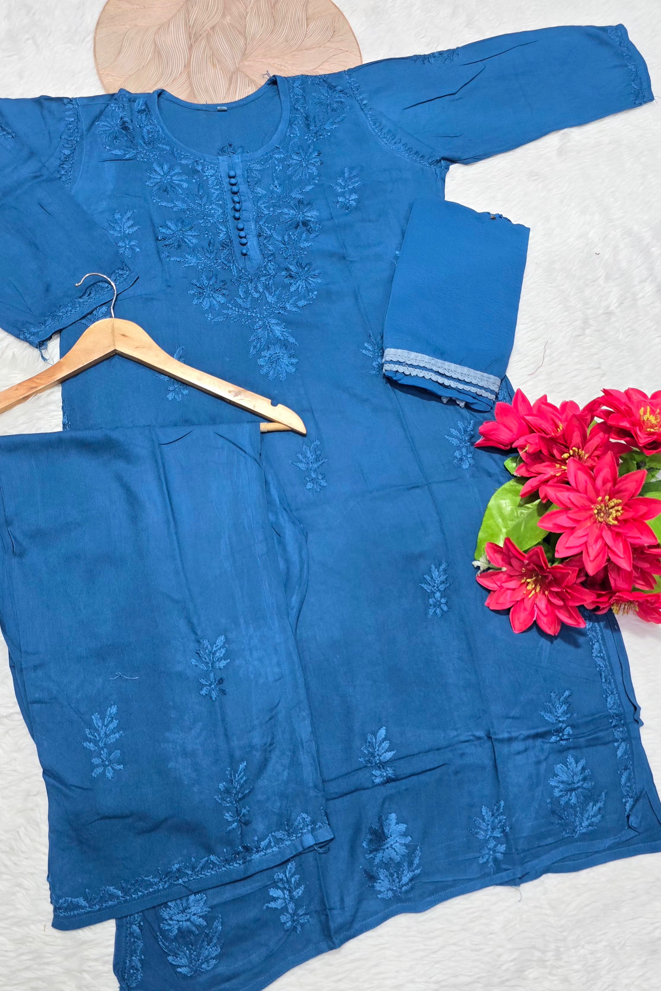 Rayon Chikankari Embroidered 3-Piece Kurta Plazo & Dupatta Set | Floral Handwork | Women's Ethnic Wear