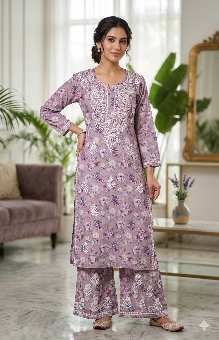 Beautiful Crepe Printed Chikankari Kurti Palazzo Set – Traditional Wear