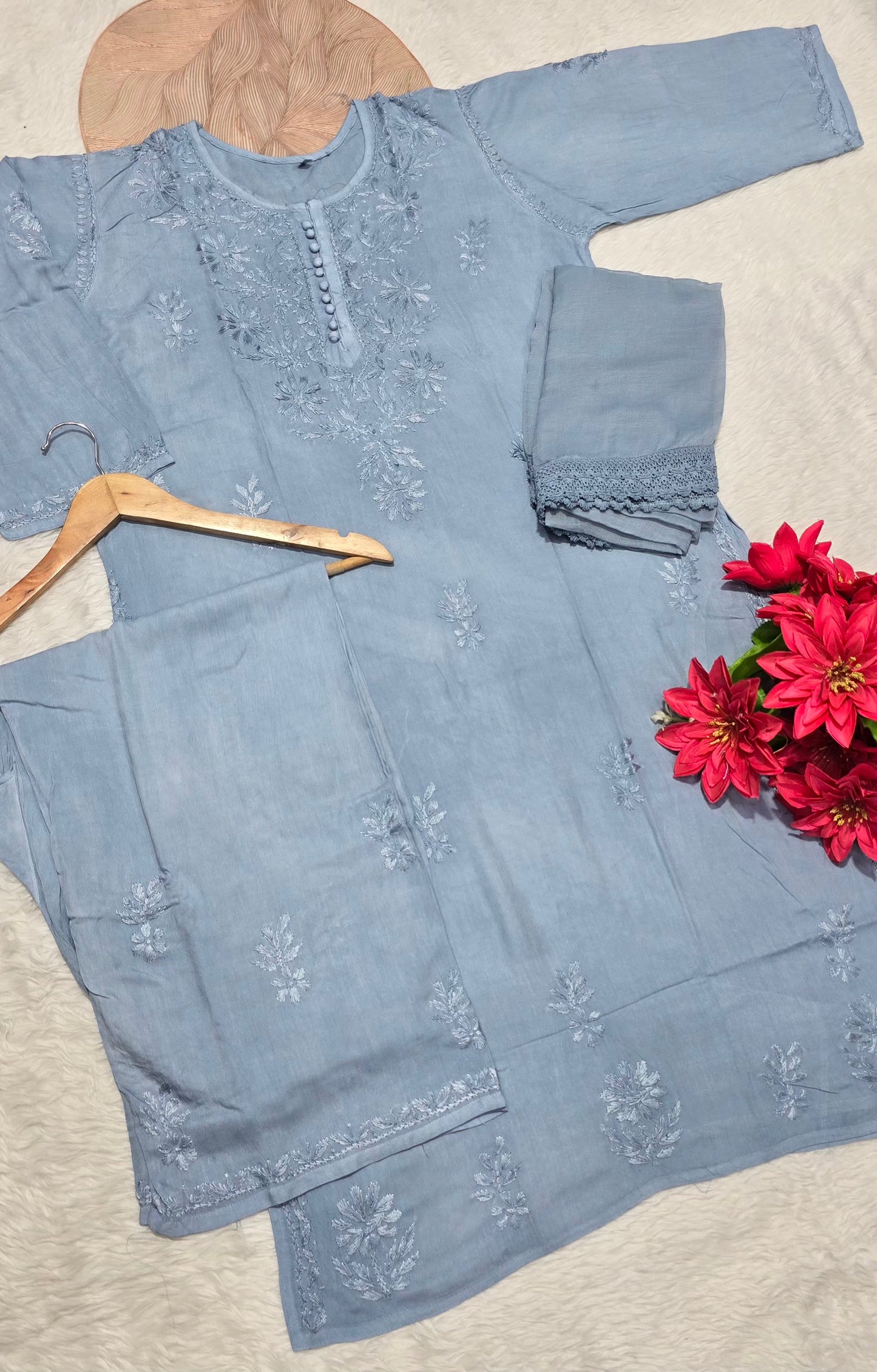 Rayon Chikankari Embroidered 3-Piece Kurta Plazo & Dupatta Set | Floral Handwork | Women's Ethnic Wear