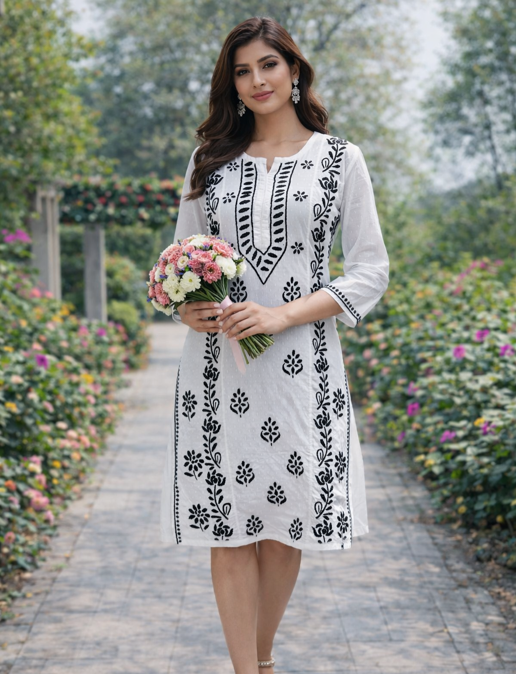 Handcrafted Lucknowi Chikankari White Dobby Cotton Kurti – Black Embroidery