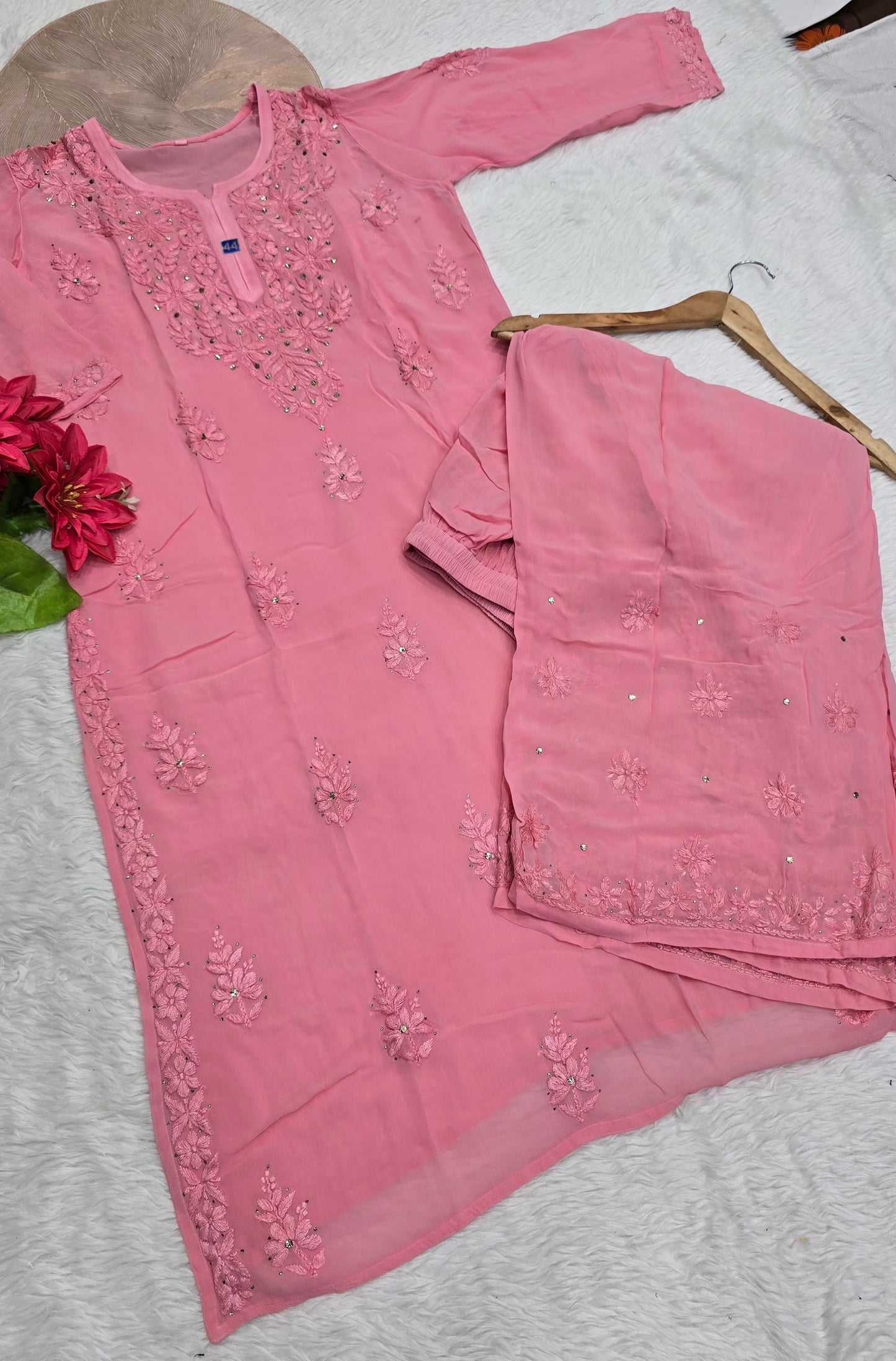 Premium Emerald Mukesh Work Chikankari Viscose Kurta Palazzo Set