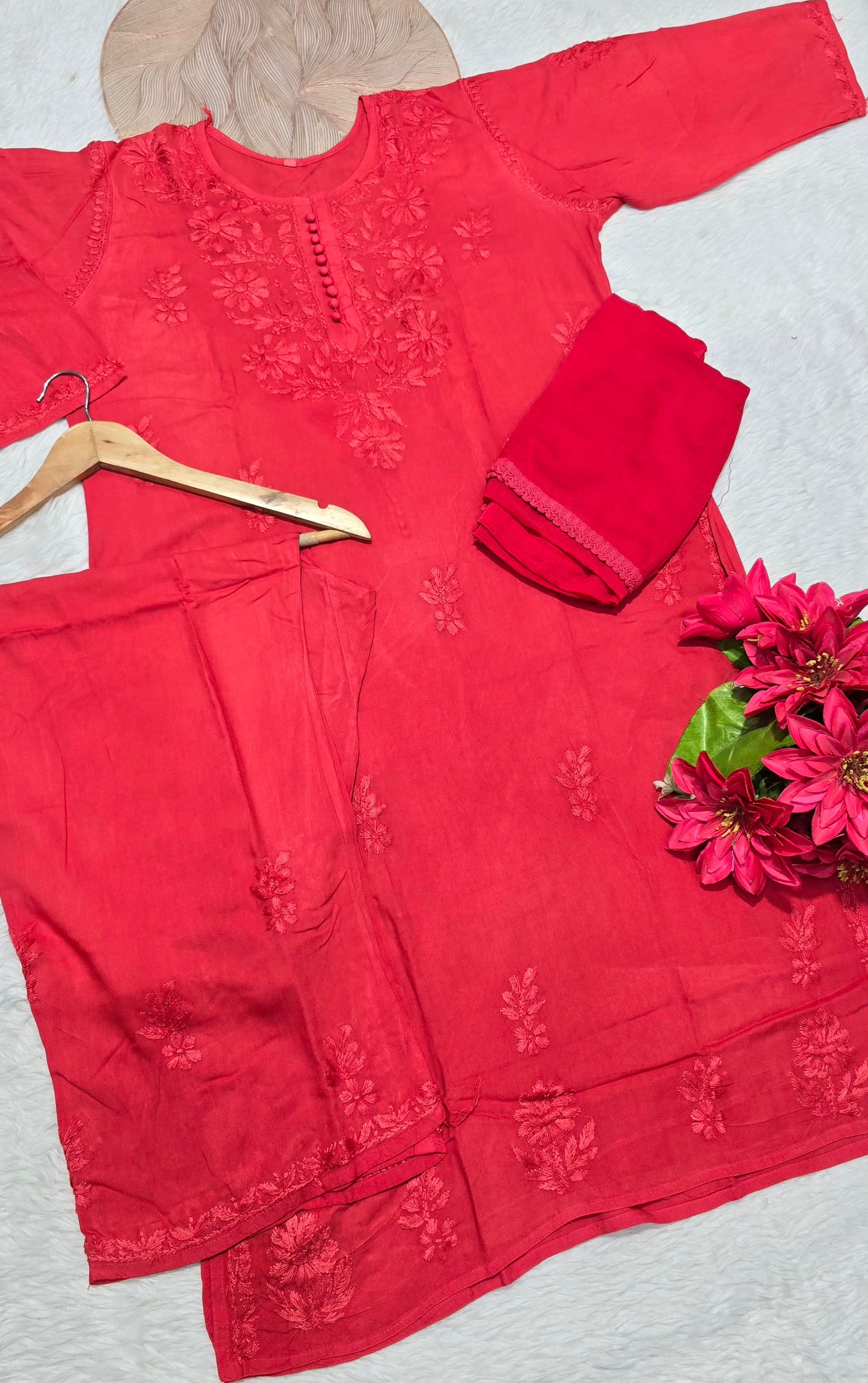 Rayon Chikankari Embroidered 3-Piece Kurta Plazo & Dupatta Set | Floral Handwork | Women's Ethnic Wear