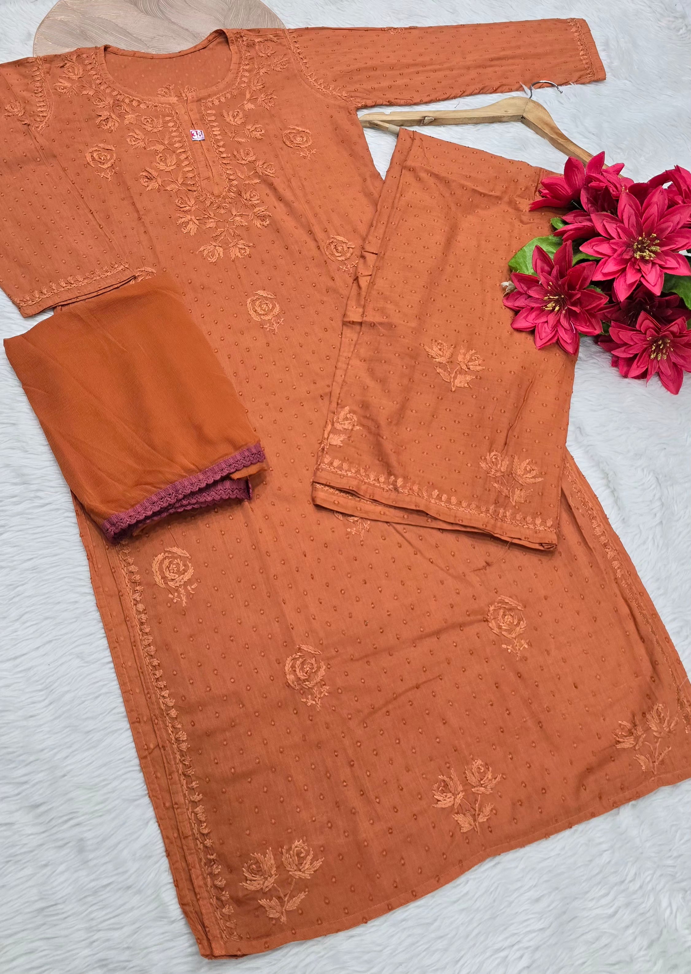 Premium Dobby Cotton Chikankari Embroidered Kurti Palazzo Set with Dupatta | Soft & Comfortable | Lucknowi Chikan Work