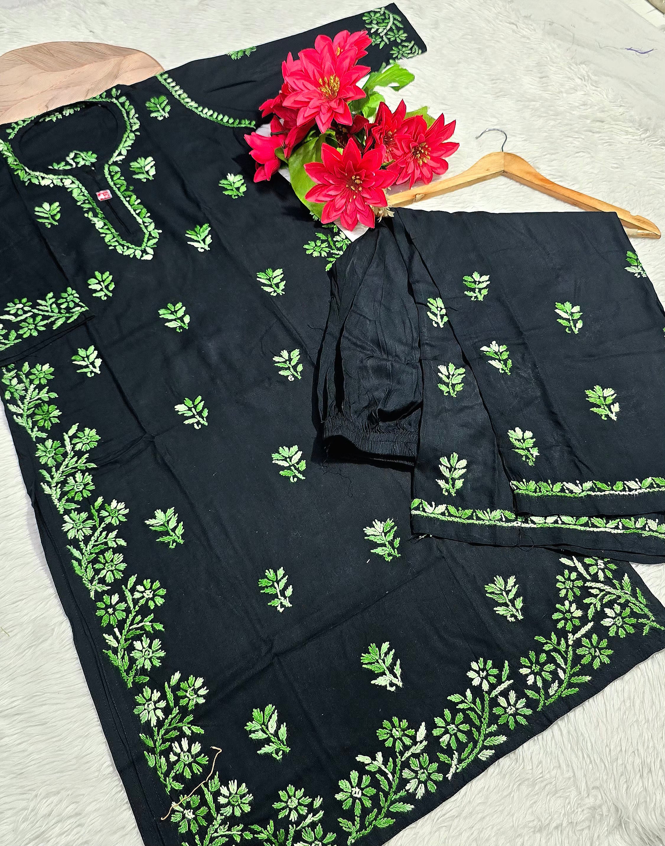 Black Rayon Cotton Lucknowi Chikankari Kurta Palazzo Set with Floral Shaded Thread Embroidery