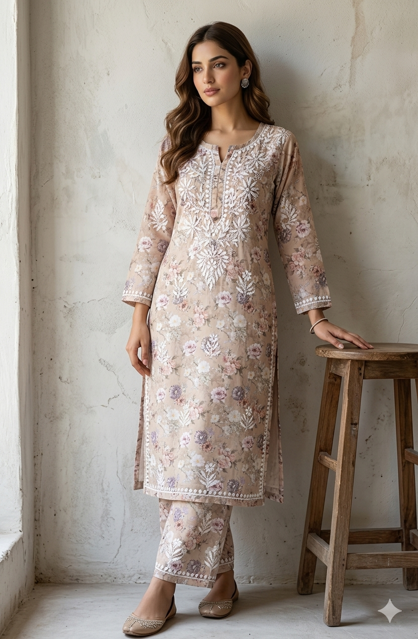 Beautiful Crepe Printed Chikankari Kurti Palazzo Set – Traditional Wear