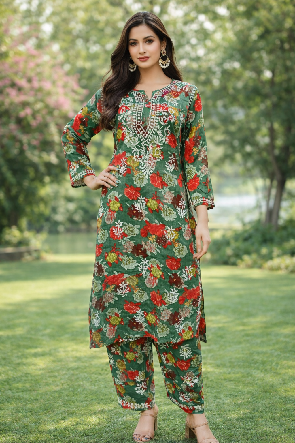 Chikankari Handwork Rayon Printed Kurti Palazzo Set for Women – Elegant Ethnic Wear