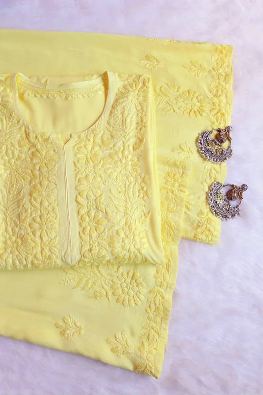 Premium Rayon Lucknowi Chikankari 2-Piece Kurta & Bottom Set – Hand Embroidered Ethnic Wear