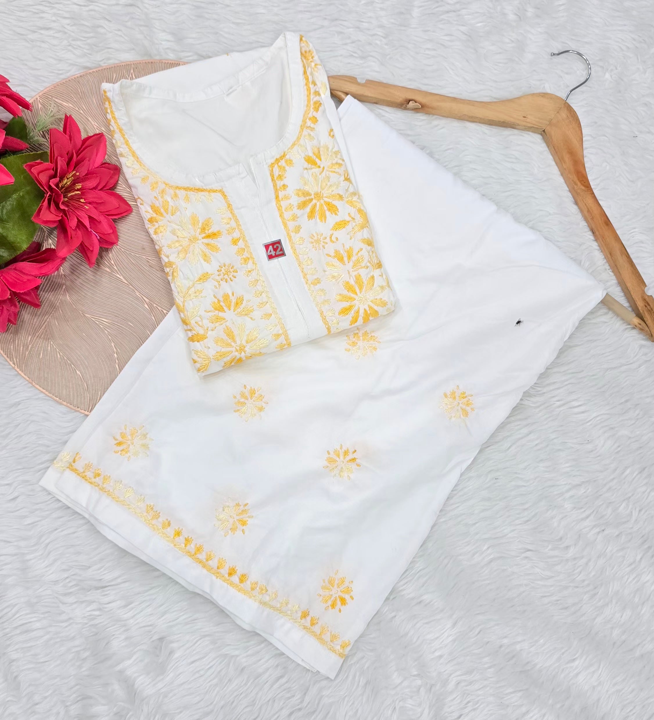 White & Yellow Floral Lucknowi Chikankari Kurta Palazzo Set for Women