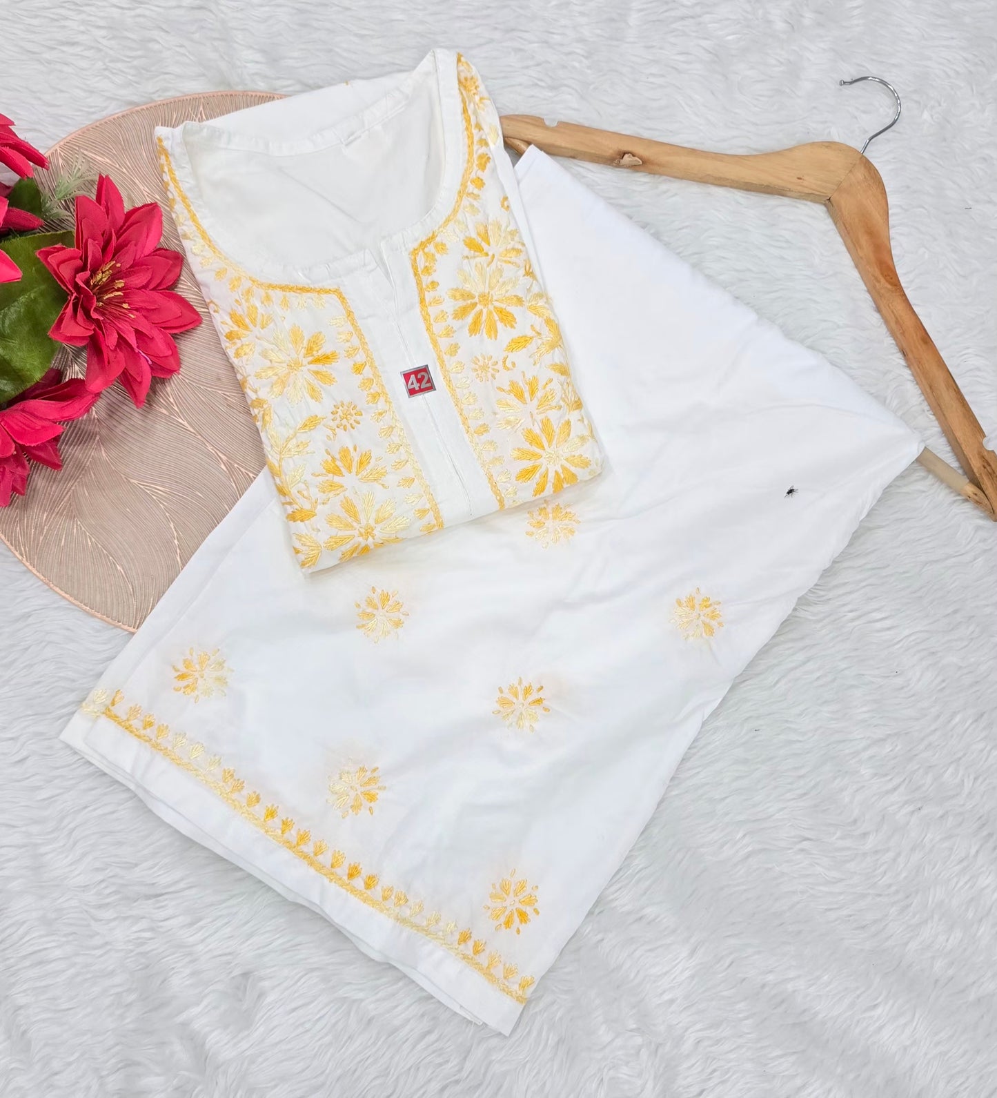 White & Yellow Floral Lucknowi Chikankari Kurta Palazzo Set for Women