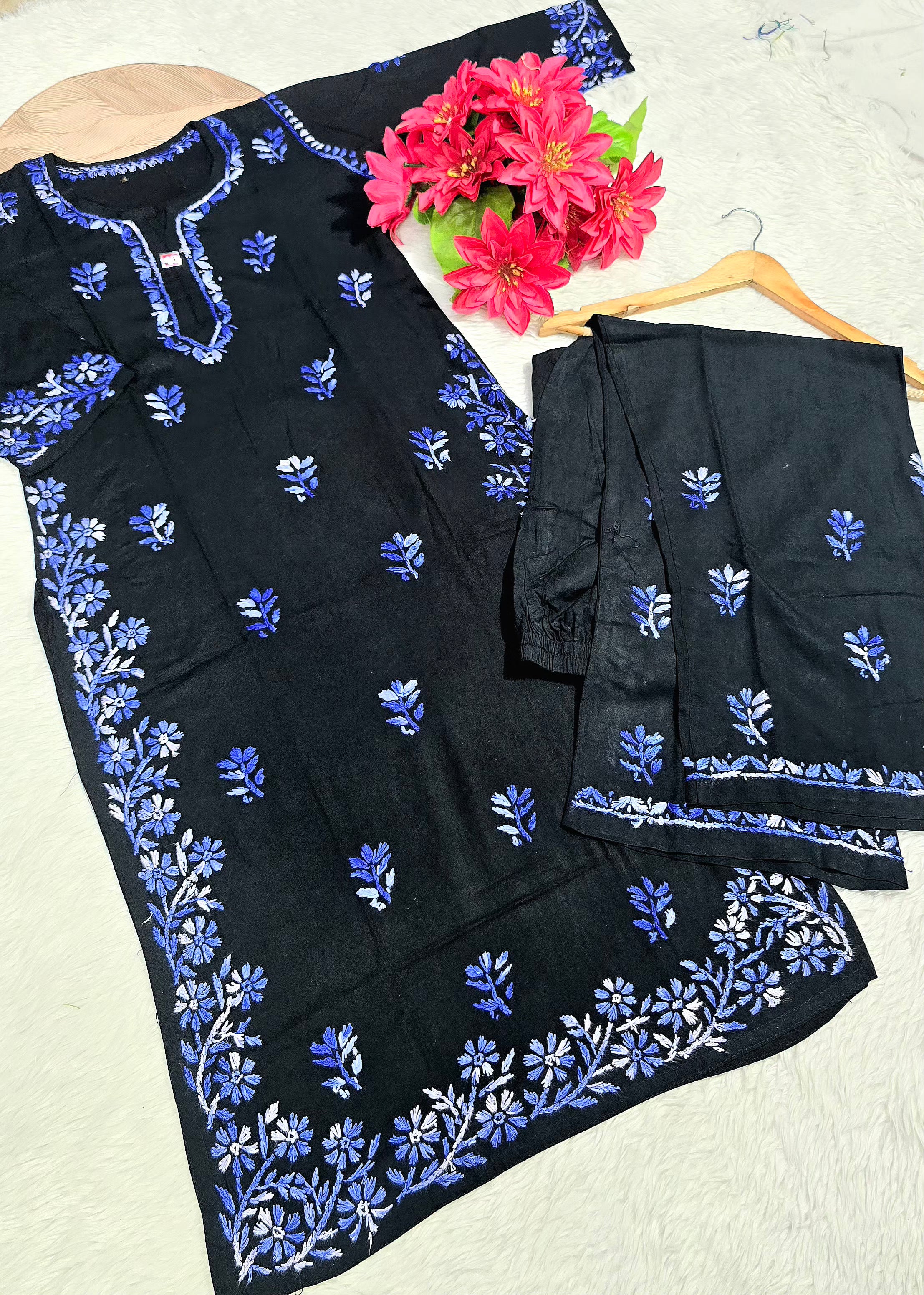 Black Rayon Cotton Lucknowi Chikankari Kurta Palazzo Set with Floral Shaded Thread Embroidery