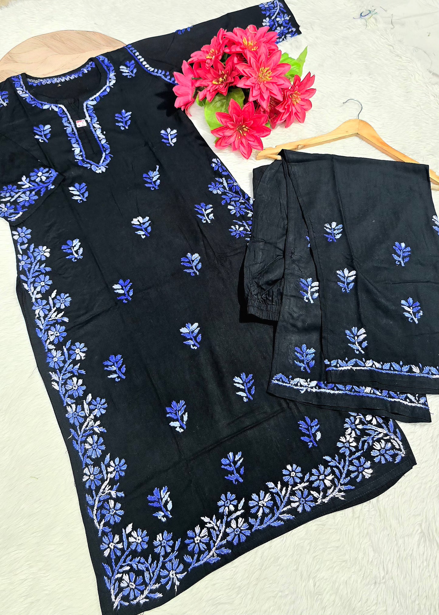 Black Rayon Cotton Lucknowi Chikankari Kurta Palazzo Set with Floral Shaded Thread Embroidery