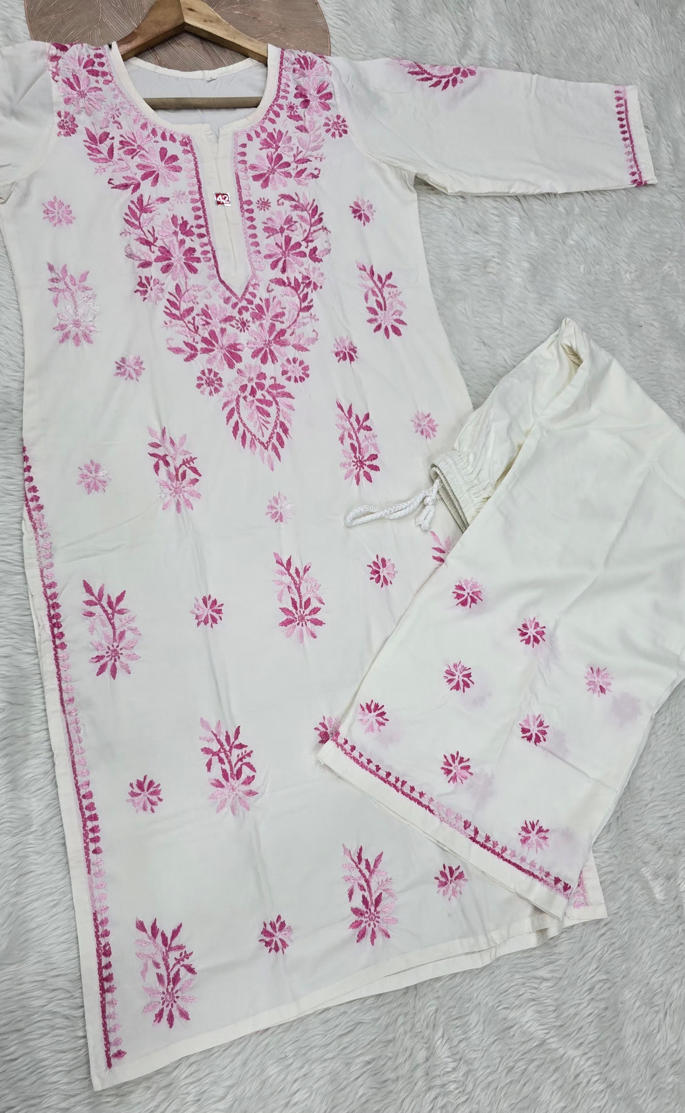 Pink Blossom Handcrafted Lucknowi Chikankari Kurta Palazzo Set for Women