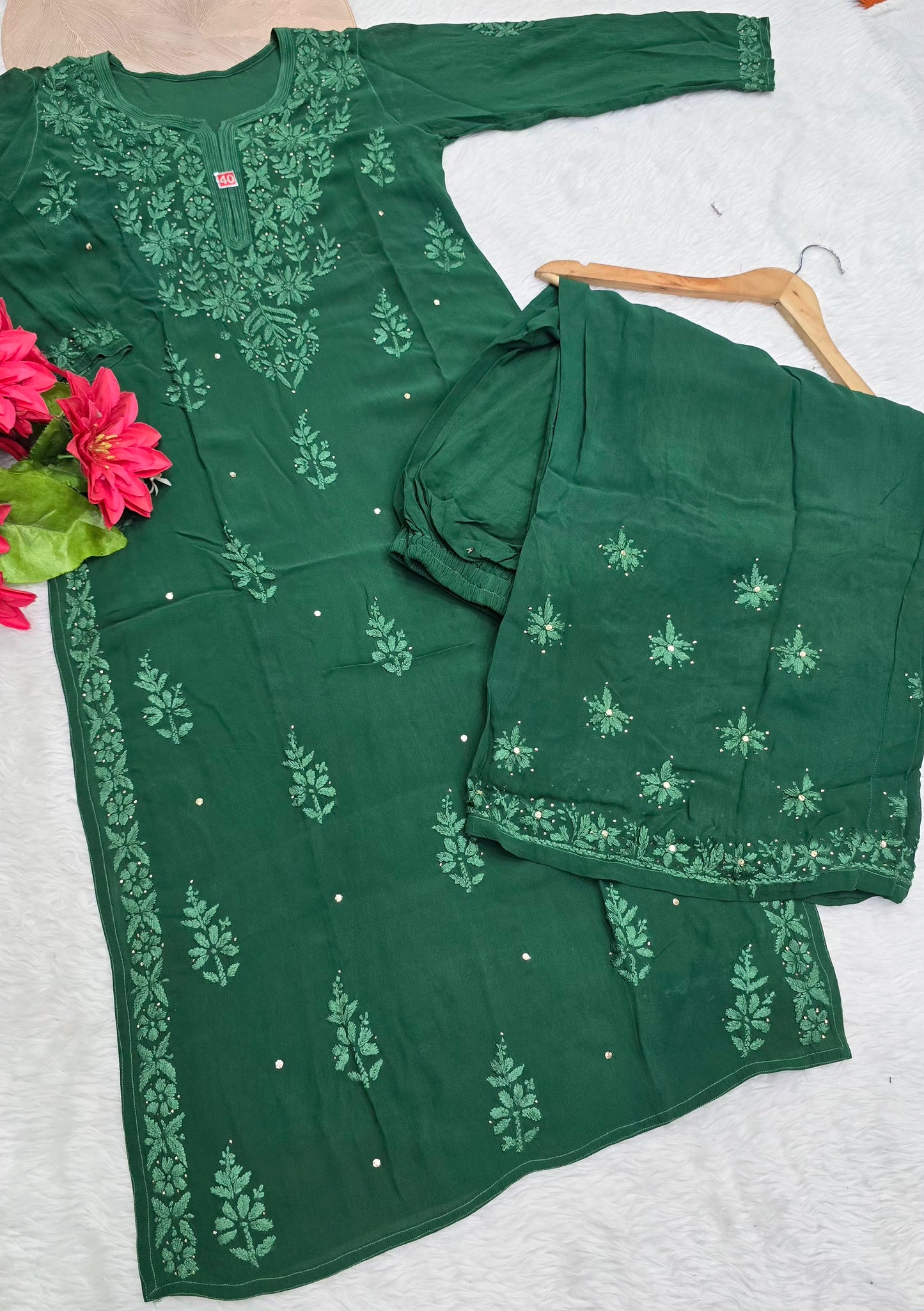 Premium Emerald Mukesh Work Chikankari Viscose Kurta Palazzo Set
