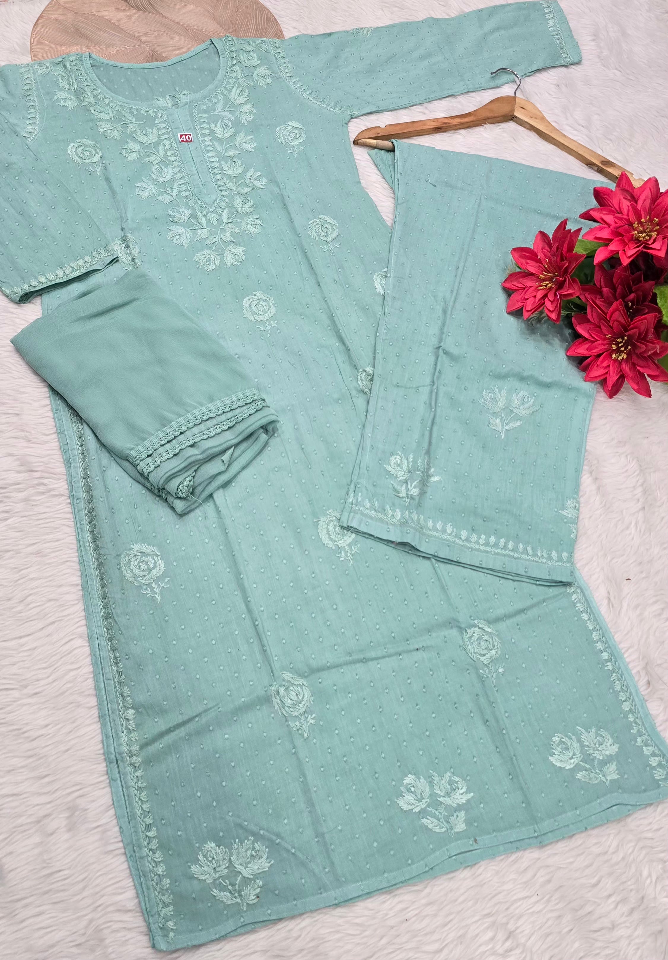 Premium Dobby Cotton Chikankari Embroidered Kurti Palazzo Set with Dupatta | Soft & Comfortable | Lucknowi Chikan Work