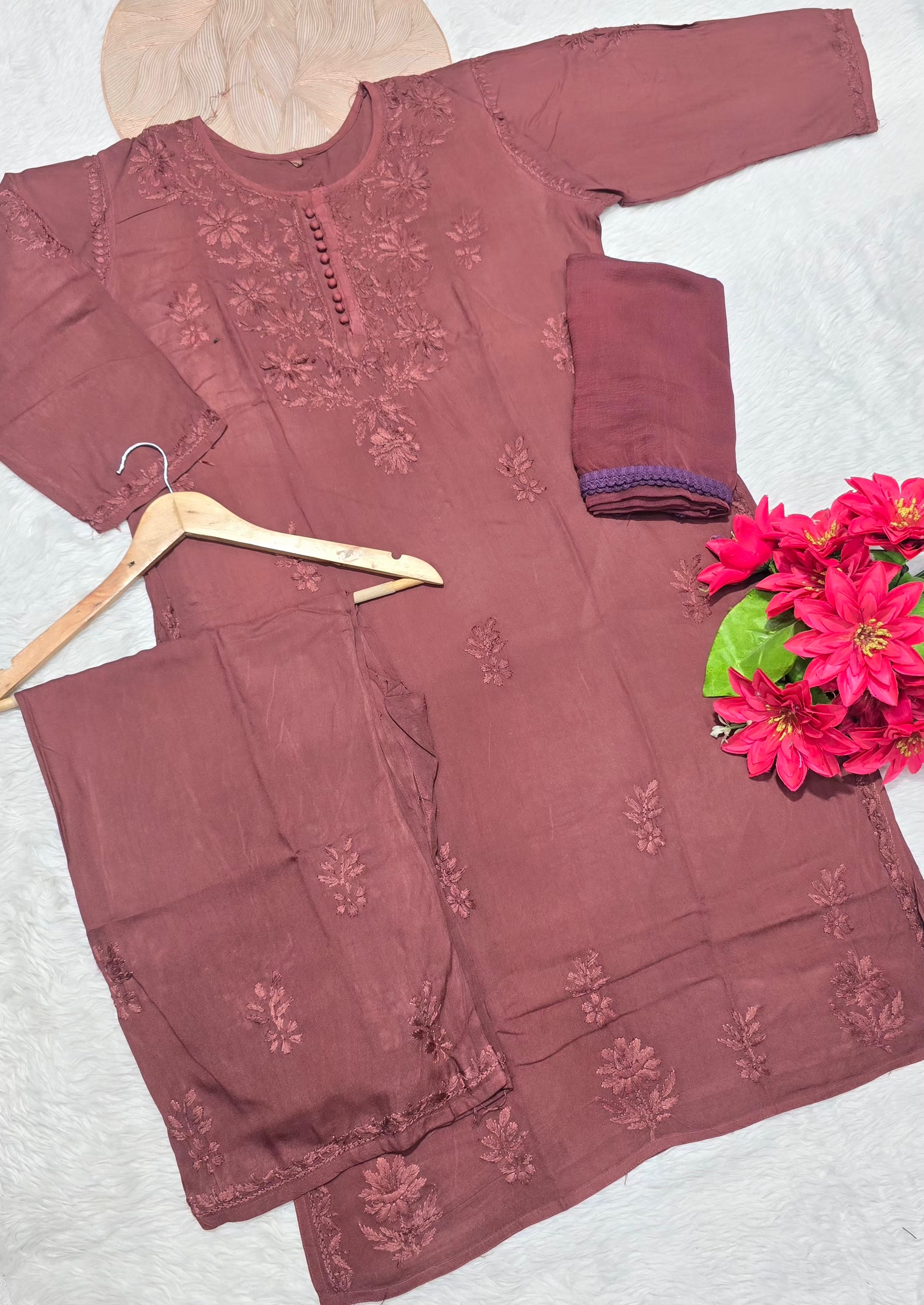 Rayon Chikankari Embroidered 3-Piece Kurta Plazo & Dupatta Set | Floral Handwork | Women's Ethnic Wear