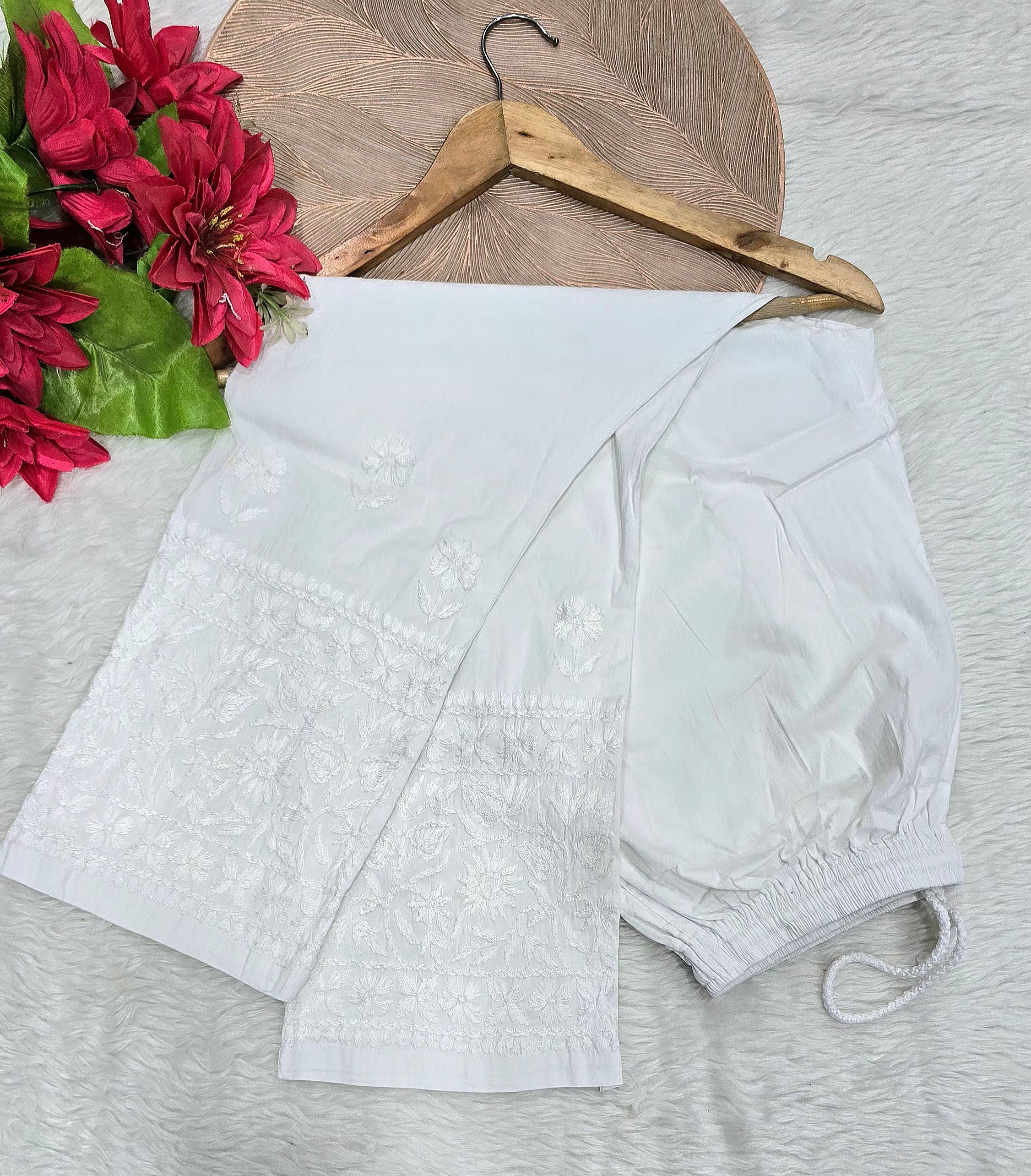 Jaal Work Lucknowi Chikankari Handwork Free Size Lycra Stretchable Pant | White Chikan Embroidered Palazzo Bottom