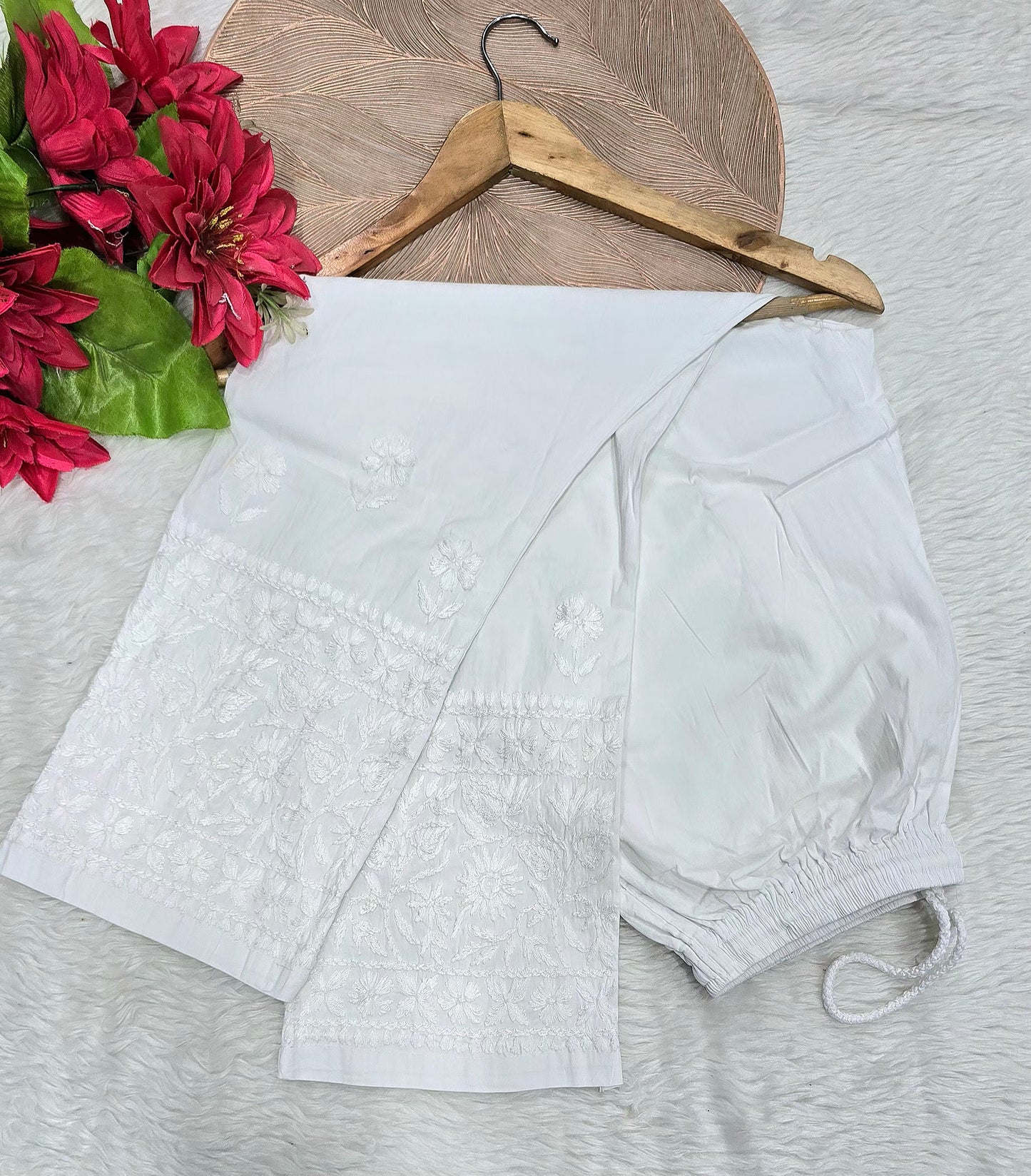 Jaal Work Lucknowi Chikankari Handwork Free Size Lycra Stretchable Pant | White Chikan Embroidered Palazzo Bottom