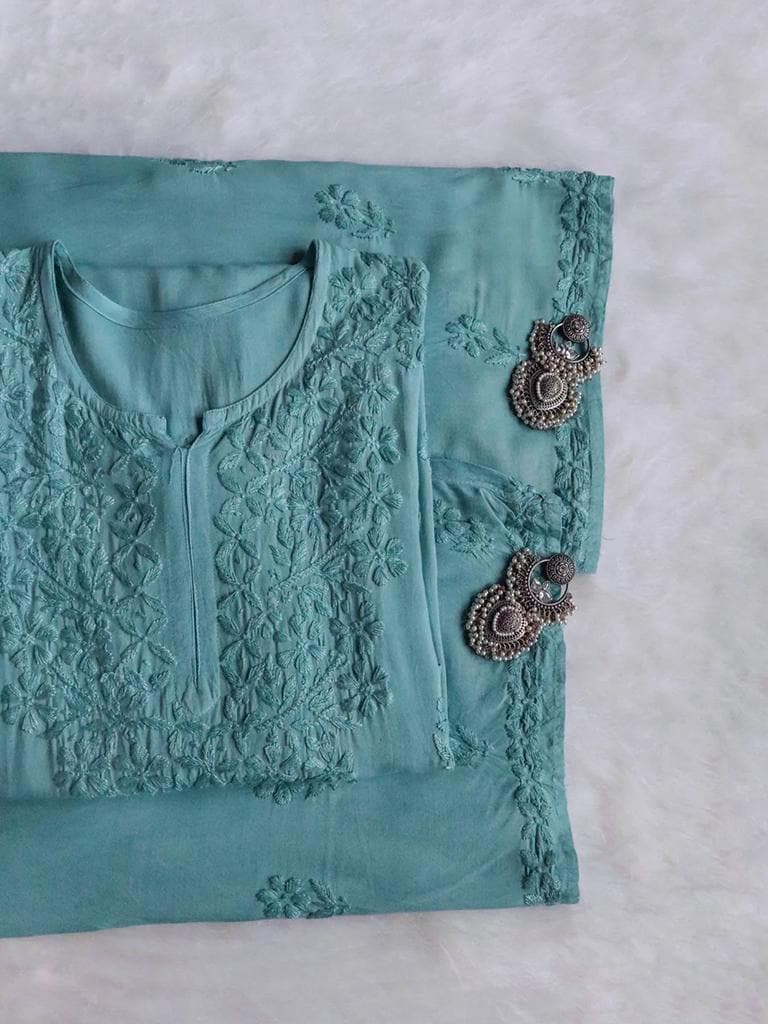 Premium Rayon Lucknowi Chikankari 2-Piece Kurta & Bottom Set – Hand Embroidered Ethnic Wear