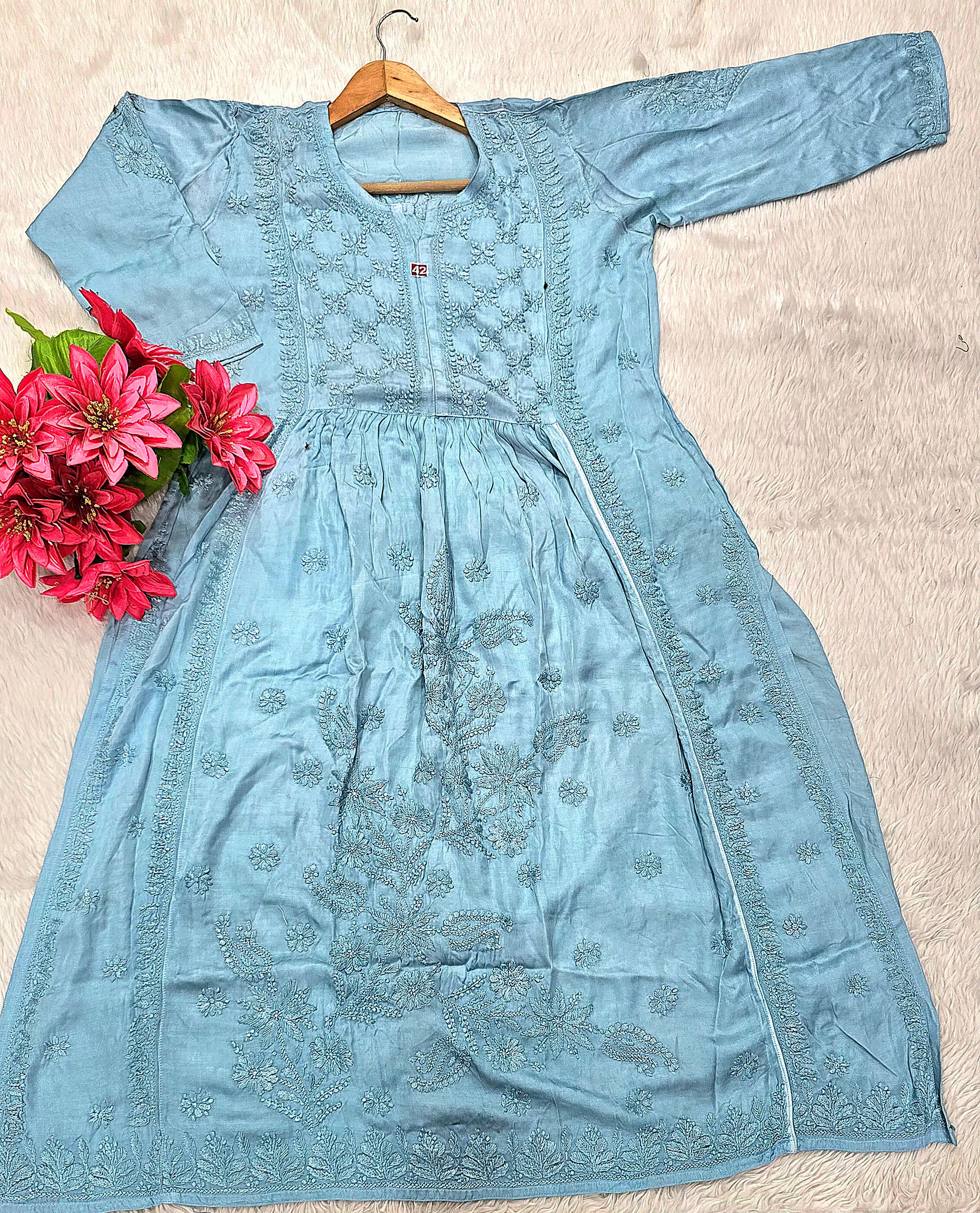 Premium Option: Lucknowi Handcrafted Modal Satin Chikankari Nyra Gown in Aqua Blue