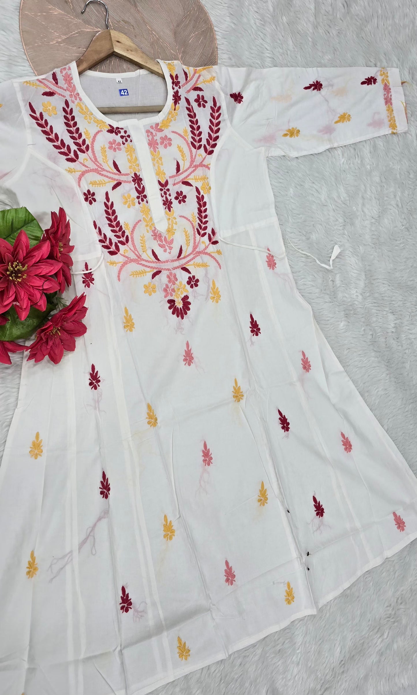 Hand Embroidered Women's Lucknowi Chikankari White Cotton A-Line Kurti with Multi-Thread Work