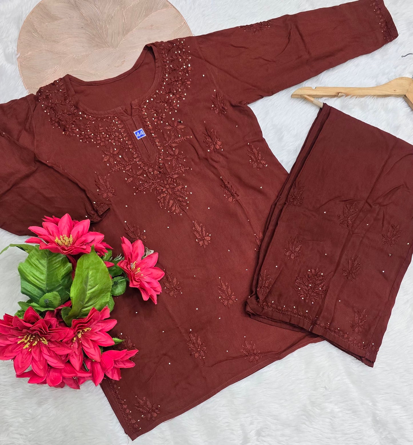 Emerald Mukesh Work Chikankari Short Kurti Palazzo Set for Women