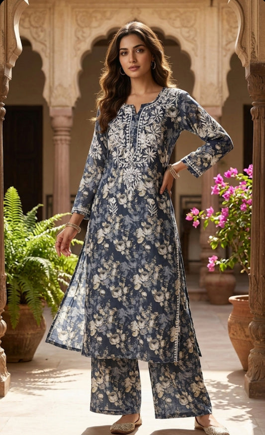 Beautiful Crepe Printed Chikankari Kurti Palazzo Set – Traditional Wear