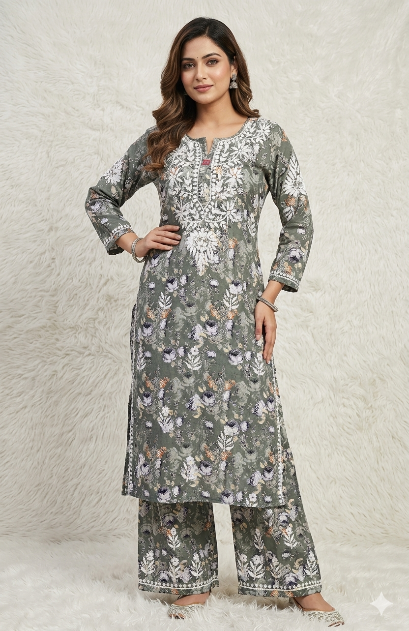 Beautiful Crepe Printed Chikankari Kurti Palazzo Set – Traditional Wear