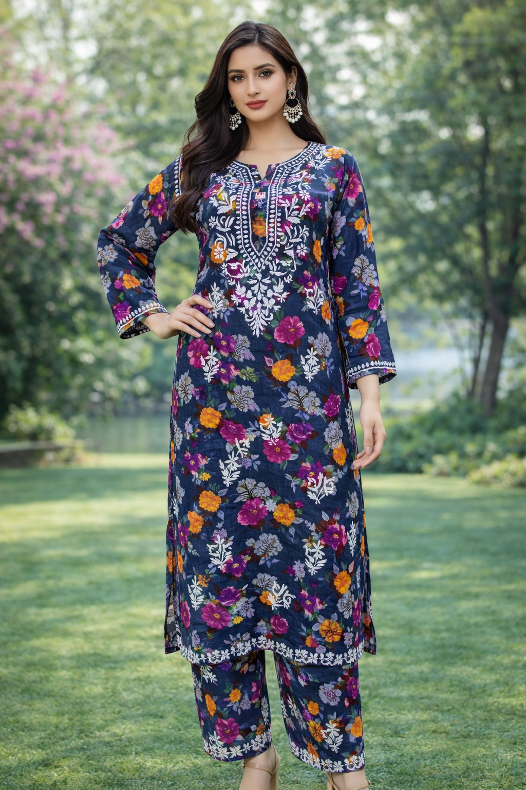 Chikankari Handwork Rayon Printed Kurti Palazzo Set for Women – Elegant Ethnic Wear
